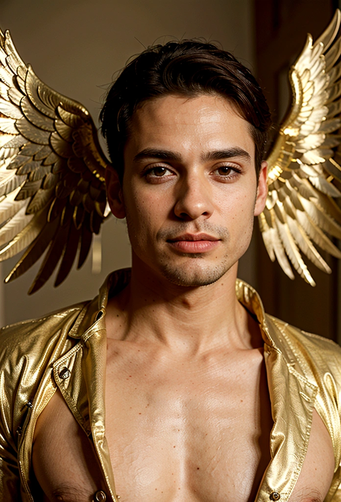 Homem romano realista beleza masculina nariz fino labios carnudos queixo qyadrado diamante. With angel wings on golden heads
