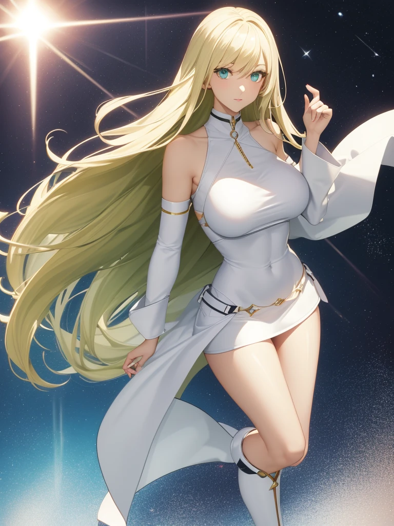 alone woman // super heroine // White clothes: short skirt, top with neckline, high boots and mini cover // long golden hair // green eyes // full body // exposed belly // big breasts (E cup) // blonde