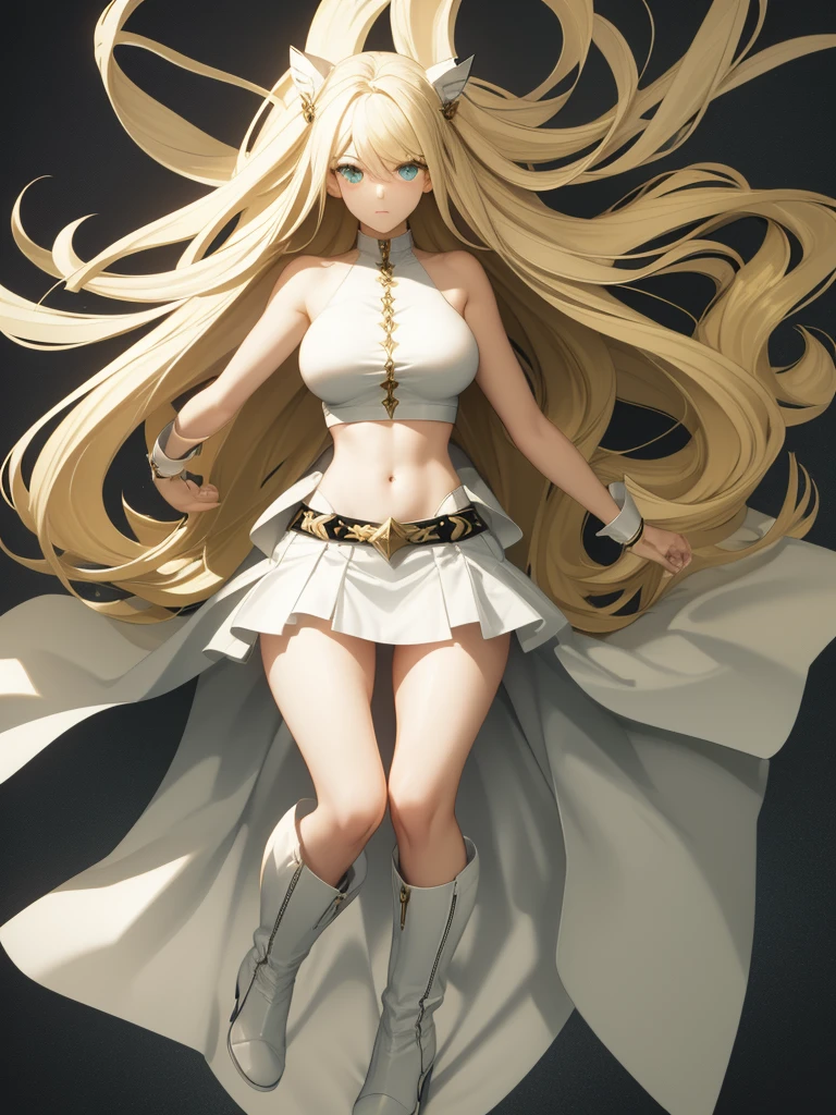 alone woman // super heroine // White clothes: short skirt, top with neckline, high boots and mini cover // long golden hair // green eyes // full body // exposed belly // big breasts (E cup) // blonde