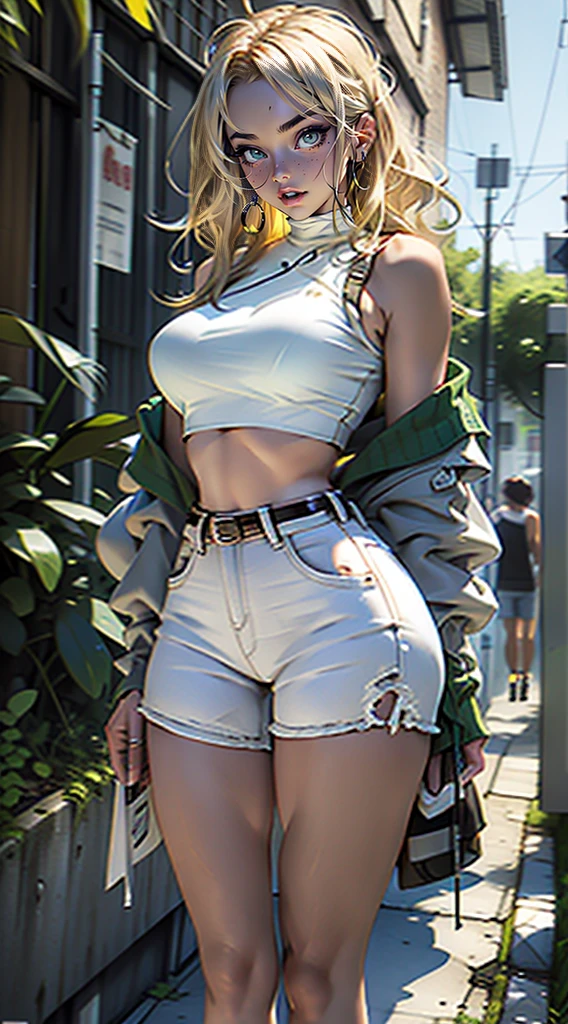 Blonde, straight hair, blue and green eyes, big breasts, white crop top, shorts, curvy hips, smile, seductive