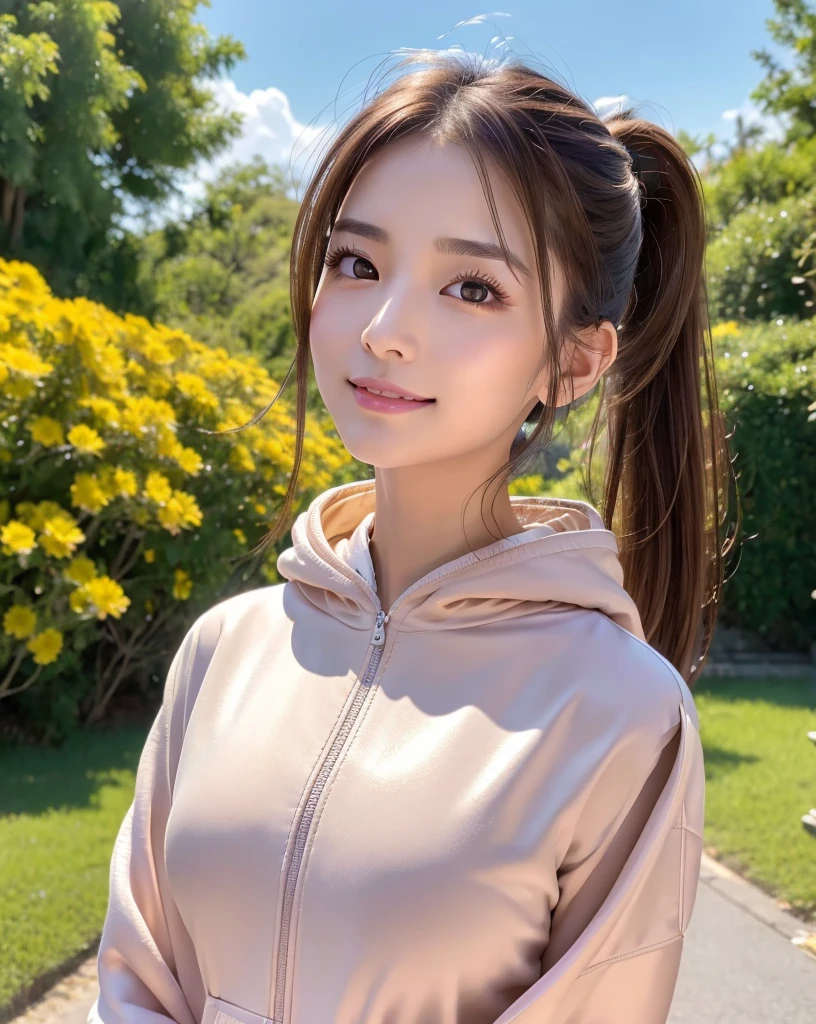 (Highest quality, 32k, High resolution, Masterpiece:1.5, ), marimo_jet, god々A photograph with brilliant dazzling and healing power., Evoking a sense of calm and elusive beauty, Expressing emotions, Have a rich imagination, A narrow rural road stretching to the horizon, Nostalgic scenery of youth, Beautiful Japanese Girls, An exceptionally beautiful face, Small Face Beauty, Perfect Human Anatomy, Magical big eyes, Motherhood and generosity, Deep Love, fleeting smile, ((Shiny brown hair:1.1)), ((A beautiful ponytail swaying in the wind)), Asymmetrical bangs, Hair between the eyes, Transparent, soft white skin, Sharp eyebrows, Thin lashes, Natural Makeup, Cheek highlighter, Pale pink detailed lips, (Yellow Zip Hoodie), Slim figure with ample breasts, High resolutionの美しい太もも, Beautifully detailed skies, Professional Lighting, Professional photographer, Professional models, god秘的