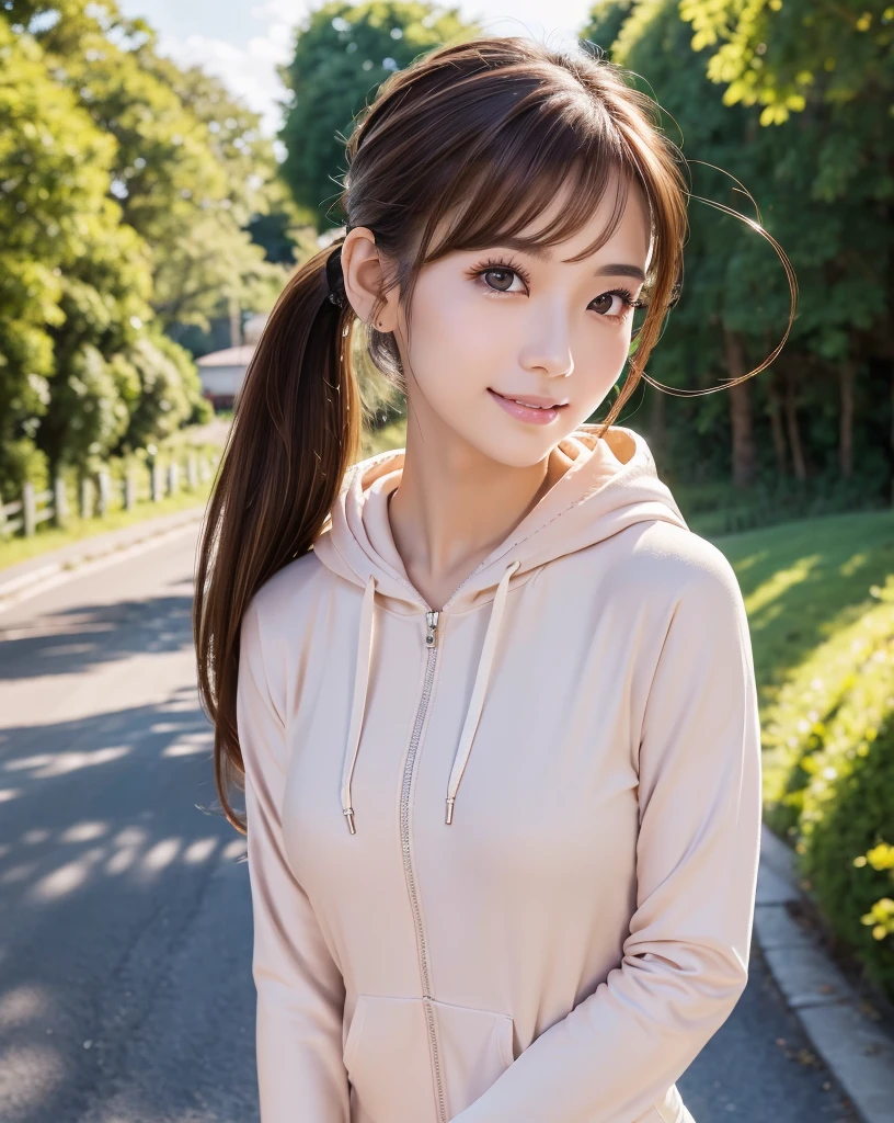 (Highest quality, 32k, High resolution, Masterpiece:1.5, ), marimo_jet, god々A photograph with brilliant dazzling and healing power., Evoking a sense of calm and elusive beauty, Expressing emotions, Have a rich imagination, A narrow rural road stretching to the horizon, Nostalgic scenery of youth, Beautiful Japanese Girls, An exceptionally beautiful face, Small Face Beauty, Perfect Human Anatomy, Magical big eyes, Motherhood and generosity, Deep Love, fleeting smile, ((Shiny brown hair:1.1)), ((A beautiful ponytail swaying in the wind)), Asymmetrical bangs, Hair between the eyes, Transparent, soft white skin, Sharp eyebrows, Thin lashes, Natural Makeup, Cheek highlighter, Pale pink detailed lips, (Yellow Zip Hoodie), Slim figure with ample breasts, High resolutionの美しい太もも, Beautifully detailed skies, Professional Lighting, Professional photographer, Professional models, god秘的