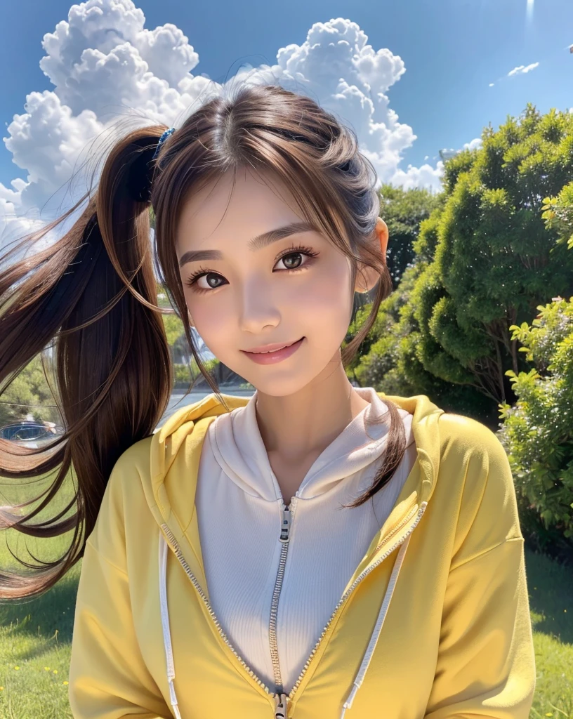 (Highest quality, 32k, High resolution, Masterpiece:1.5, ), marimo_jet, god々A photograph with brilliant dazzling and healing power., Evoking a sense of calm and elusive beauty, Expressing emotions, Have a rich imagination, A narrow rural road stretching to the horizon, Nostalgic scenery of youth, Beautiful Japanese Girls, An exceptionally beautiful face, Small Face Beauty, Perfect Human Anatomy, Magical big eyes, Motherhood and generosity, Deep Love, fleeting smile, ((Shiny brown hair:1.1)), ((A beautiful ponytail swaying in the wind)), Asymmetrical bangs, Hair between the eyes, Transparent, soft white skin, Sharp eyebrows, Thin lashes, Natural Makeup, Cheek highlighter, Pale pink detailed lips, (Yellow Zip Hoodie), Slim figure with ample breasts, High resolutionの美しい太もも, Beautifully detailed skies, Professional Lighting, Professional photographer, Professional models, god秘的