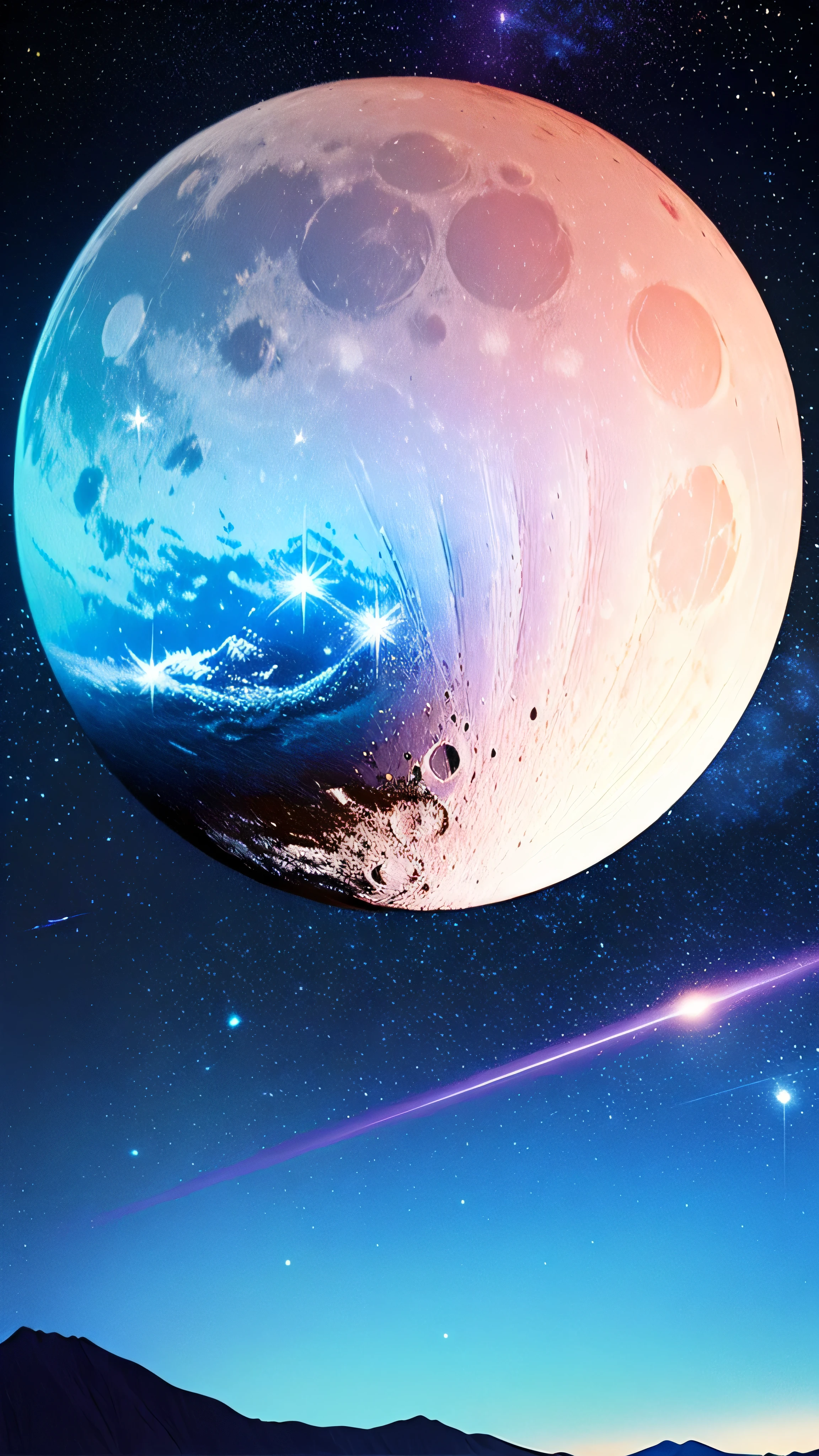 ((((Super Illustration Style:1.0)))),Highest quality,Best Anime,masterpiece,Ray Tracing, Global Illumination,Blue Theme, scenery, No humans, null, star (null), night, moon, night null, Outdoor, starry null, Mountain, full moon, horizon