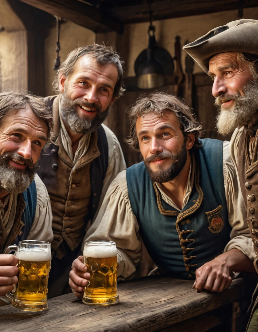 Bavaria, Pub, Merry peasants, Men, beer 19th century, UHD, retina, masterpiece, accurate, anatomically correct, textured skin, super detail, best quality, 8k, UHD, retina, masterpiece, accurate, anatomically correct, textured skin, super detail, best quality, 8k
