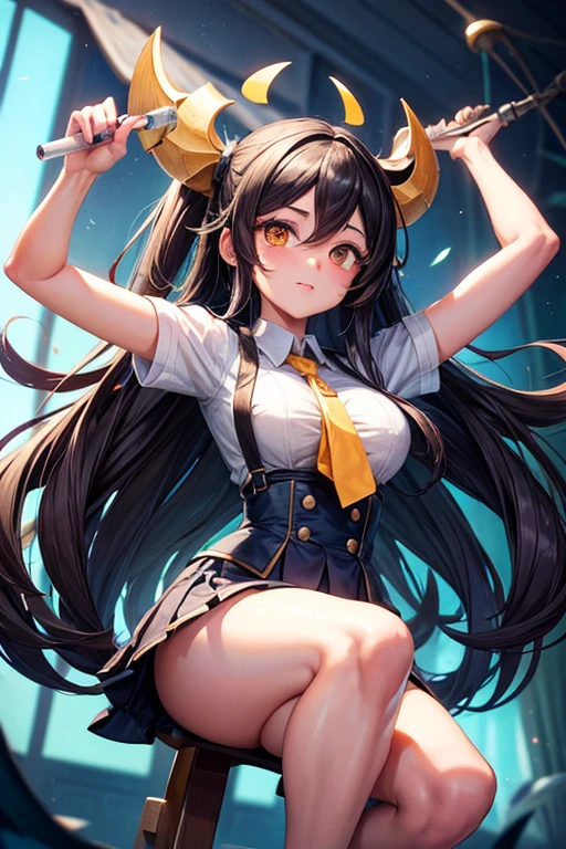 (Straight Hair:1.5), ,Drunk,(tilt one's head:1.3),,(very long hair:1.5),(doe-eyed:1.1),(smile:1.5),((blush)),((Very cute expression)),((,looking at viewer:1.2)),,((Long and narrow face)),,((Small face)),(yellow eyes:1.5),((smile:1.5)),((contrasted:1.5)),(sexy pose:1.3),(upper body:1.2),((Anime painting)),,(EnvyBetterHands, QuickHand),(angled, sharp, edgy, piercing, fierce),(( alone,, diesel , Are standing, Watching the audience, smile, earrings, jacket over shoulder, white shirt, collared shirt,striped blue tie, white gloves, white skirt, navy blue hat, hunting cap, yellow eyes, knee high boots, Cross lace shoes,navy blue jacket)),(Black Hair),(droopy eyes:1.5) ((face close-up:1.2))(open mouth:1.1),(Drooping eyes), ((best quality, masterpiece,,Highest quality、High resolution,8K,ultra-detailed face,アニメ,ultra-detailed eyes,ultra-detailed hands,ultra-detailed fingers,ultra-detailed eyes, ,ultra-detailed hair, shiny skin, Silky Pale White)),((The official look)),,(Use of strong primary colors)((Transparent Background、pop background)),(Drooping eyes)(Bright lighting)(Use of bright colors)(eight-headed body),(black over the knee boots)、(Well-proportioned )、(nsfw),(Showing off your underwear to provoke),(White panties)