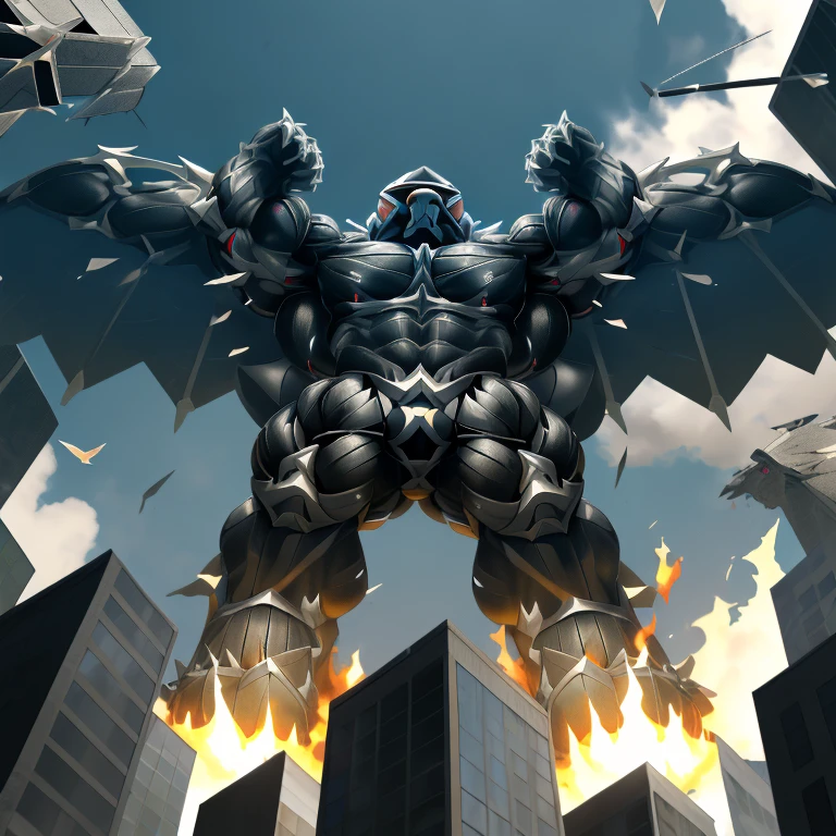 (GIANT mechanical Machamp rampage through a city, crushing buildings beneath their unstoppable metal frames), (official art, 
best quality, highly detailed) (terrifying and imposing design, 
smoke and flames rising from the destruction in the background, a lone figure)
(high-tech bio-mecha armor, metallic, real texture material) (Machamp, 8K), (gigantic muscles, Gigachad Muscular, big muscle, pecs, triceps, traps, unusually developed muscular body, body full of huge muscles. showing off muscles, pectorales enormes, Exaggeratedly huge muscles.),(Spread wings, It has wings, have big wings, golden wings), (whole body shines like metal, Wearing cyberpunk mecha, emphasizes the muscles, suit fully made of metal, intricate armor, Robotic suit, suit fully made of metal, cyborg), (giant Machamp, Machamp's giant robot, Powered exoskeleton with the same design as Machamp), (Masterpiece, highres) (Detailed head, Detailed Body, Detailed abs, full body), (black color hyper penis, hyper black penis), Fight against humanity. As big as a building and in the middle of a city, macro (low angle perspective, emphasizing its enormous size)