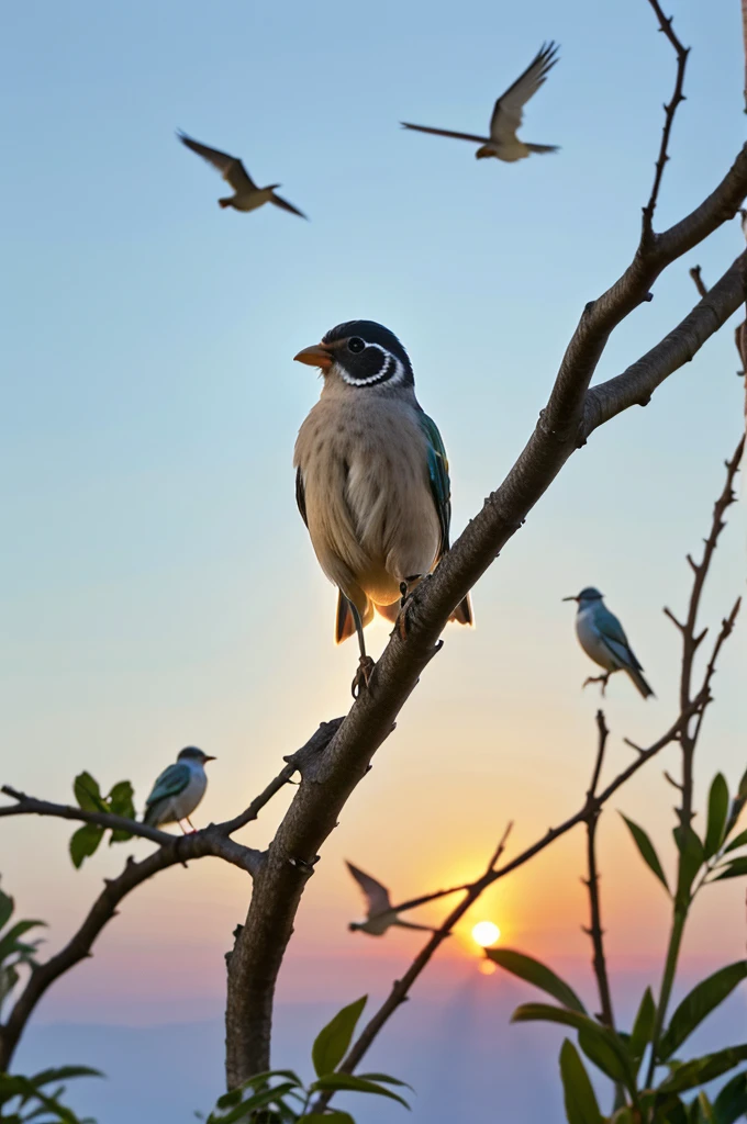 Birds begin their morning songs, filling the air with melodies that signal the start of a new day.Birds begin their morning songs