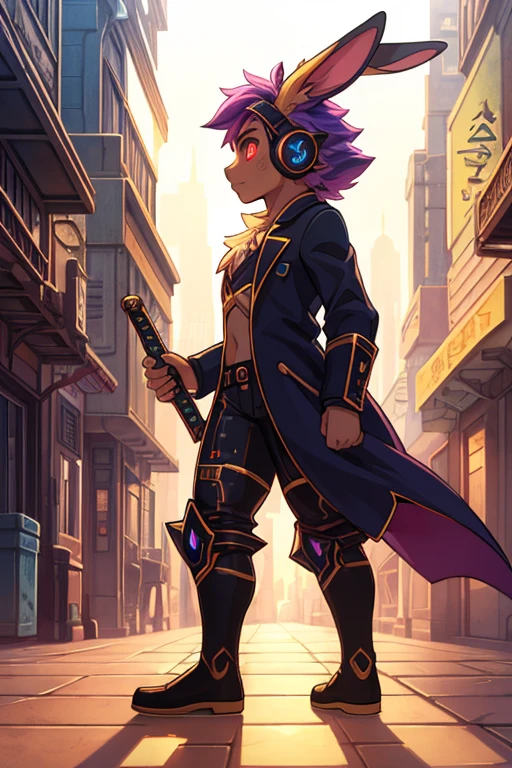 human Sorcerer secret agent, full body, wearing an elegant suit made with fine fabric and with magic circuits, holding in both hands a sword with a long handle with magical carved details glowing, whole rabbit ears, human face, glowing eyes, RPG fantasy, tanned skin, neon punk, art book, Studio ghibli, wide setting, in the middle of a magical cyber punk retro metropolis, magical light reflected in the hair and ear, aura of light, stylish pose, side view