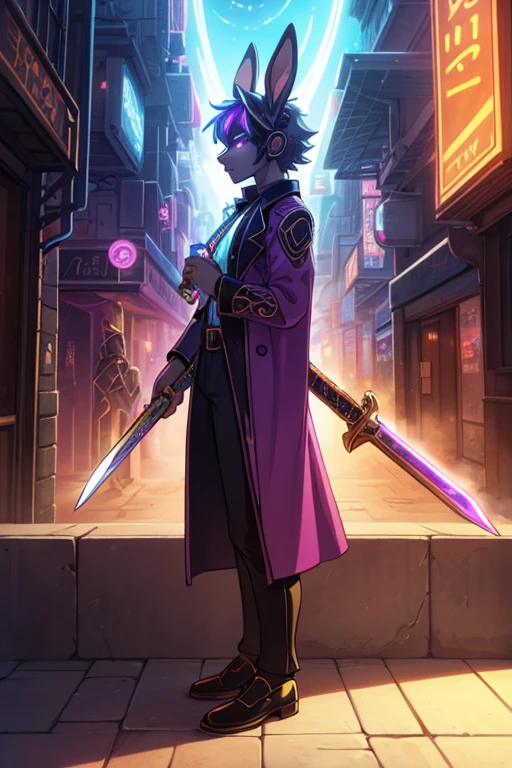human Sorcerer secret agent, full body, wearing an elegant suit made with fine fabric and with magic circuits, holding in both hands a sword with a long handle with magical carved details glowing, whole rabbit ears, human face, glowing eyes, RPG fantasy, tanned skin, neon punk, art book, Studio ghibli, wide setting, in the middle of a magical cyber punk retro metropolis, magical light reflected in the hair and ear, aura of light, stylish pose, side view