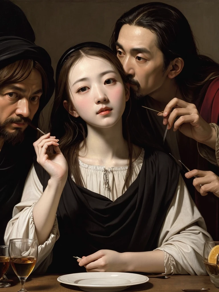 ((Highest quality)), ((masterpiece)), (detailed), Perfect Face、Caravaggio style、Jesus、Last Supper、oil
