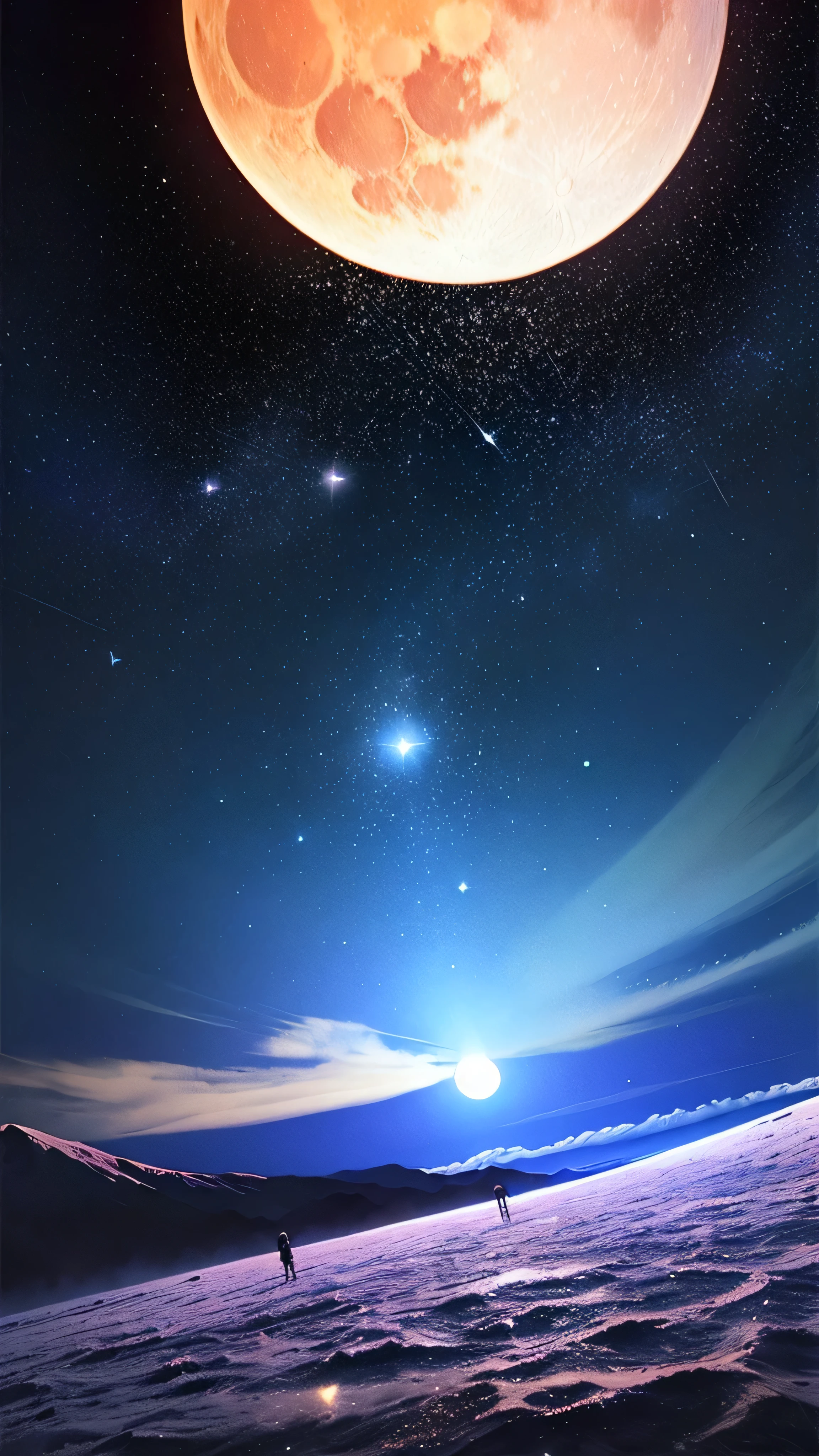 ((((Super Illustration Style:1.0)))),Highest quality,Best Anime,masterpiece,Ray Tracing, Global Illumination,Blue Theme, scenery, No humans, null, star (null), night, moon, night null, Outdoor, starry null, Mountain, full moon, horizon