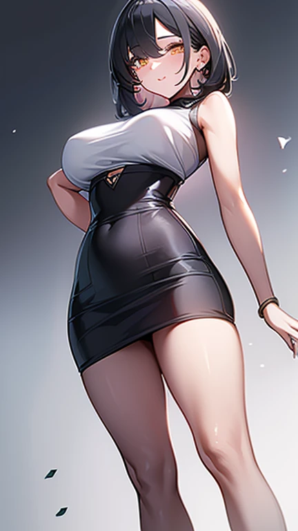 masterpiece, Highest quality:1.2),8k, 4K High Resolution, Super detailed, High-quality texture,High detail, High Quality Shadows, Beautiful and delicate face down to the last detail, Beautiful and delicate eyes、One Woman, alone,Shiny skin、Very large breasts、Very thick legs、Are standing、Composition from the front、smile、Look forward、Stand up straight,Looking into the camera、Draw a face、Golden eyes、Black Short Hair、Depth of written boundary、Black tight skirt、White sleeveless business shirt、Grow the hair at the back of your head a little longer than your shoulders
