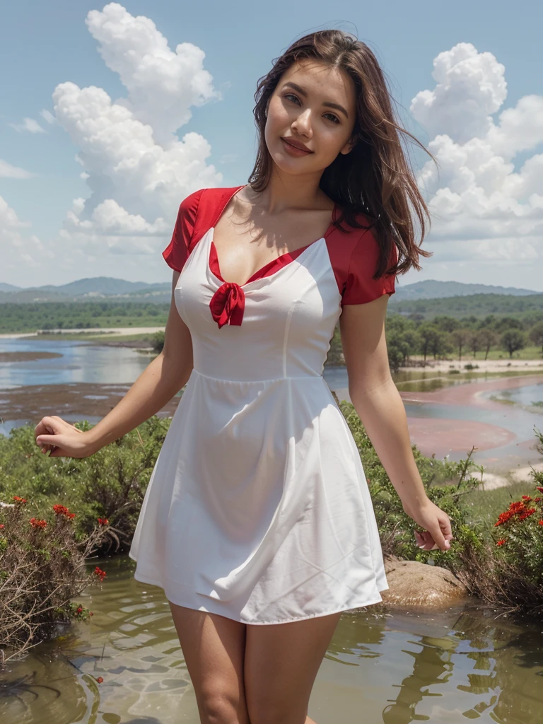 Araffe dress,Red dressRed wearing a short dress (white),White flowersCrocodile nearbya mountain of water near the Crocodiles nearby.light green, shining flowers,Red skywearing a suit (white), lipstick (pink) Escasamente vestido.Smooth sky model Hermosa figuracuerpo voluptuoso curvy hermosas sonrisa seductora Retrato Gabriella Lin Rojo Orange dress Red