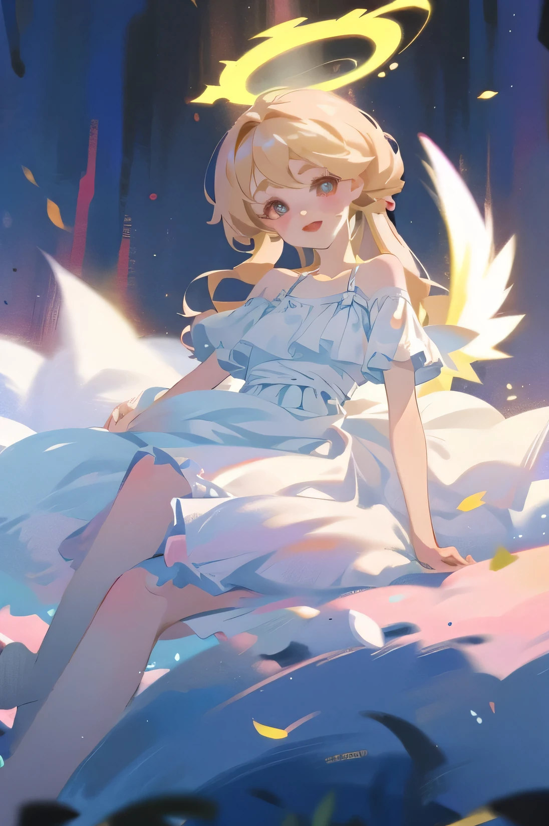 (High quality) (best quality) (A woman) (correct physiognomy) (best quality, 4k, 8K, high resolution, masterpiece: 1.2) woman, Extremely beautiful, Around 20 years old, long blonde hair with bangs on the back front, four small angel wings emerge from her head, two on the left side and two on the right side, two angel wings coming out of her back, a golden halo behind her head, golden eyes, sensitive lips, middle age, white dress with straps on the shoulders, skirt cut diagonally leaving one leg exposed, soft facial features, fine eyebrows, soft skin, slightly rosy cheeks, pink lips, silky eyelashes, dreamy expression, photo location the woman must be in a pond with water and fish in the middle of the forest, photo illuminated by sunlight, full body proportion, showing in the photo the body from head to torso