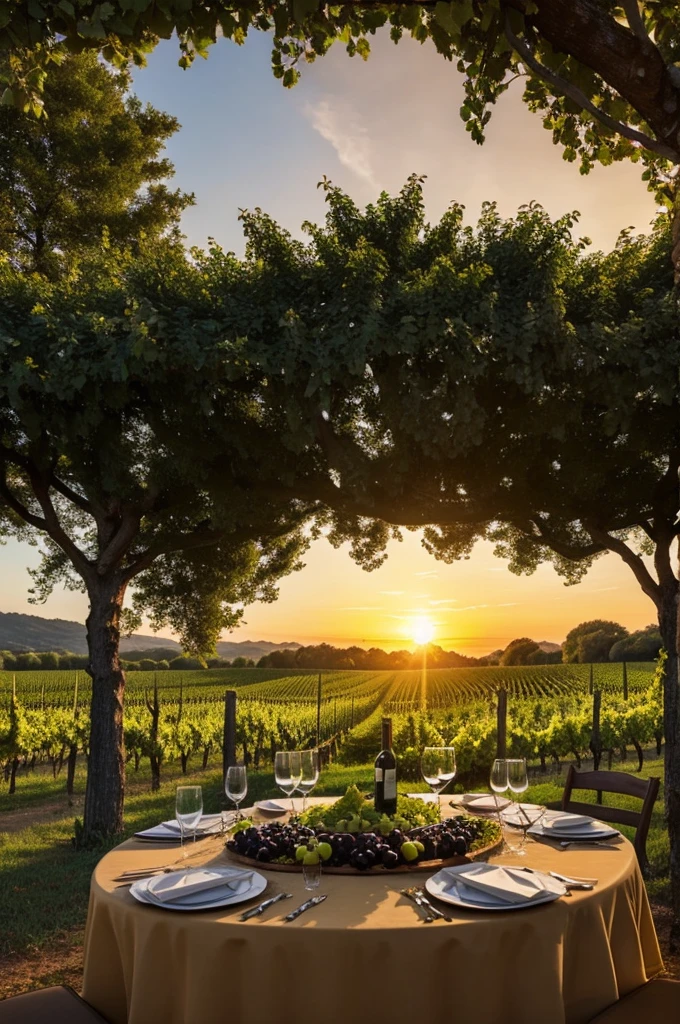 You could generate an image in the center of a vineyard with trees in the background with plenty of vegetation, in a sunset with grapes around decorating a table.
