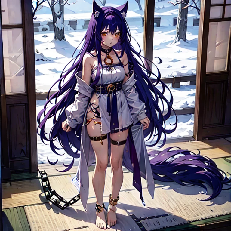 (masterpiece, best quality:1.2), 1girl, solo, wolf ears, wolf_girl, tattered clothes, standing, full body, bare feet, (chained), madness, golden chain