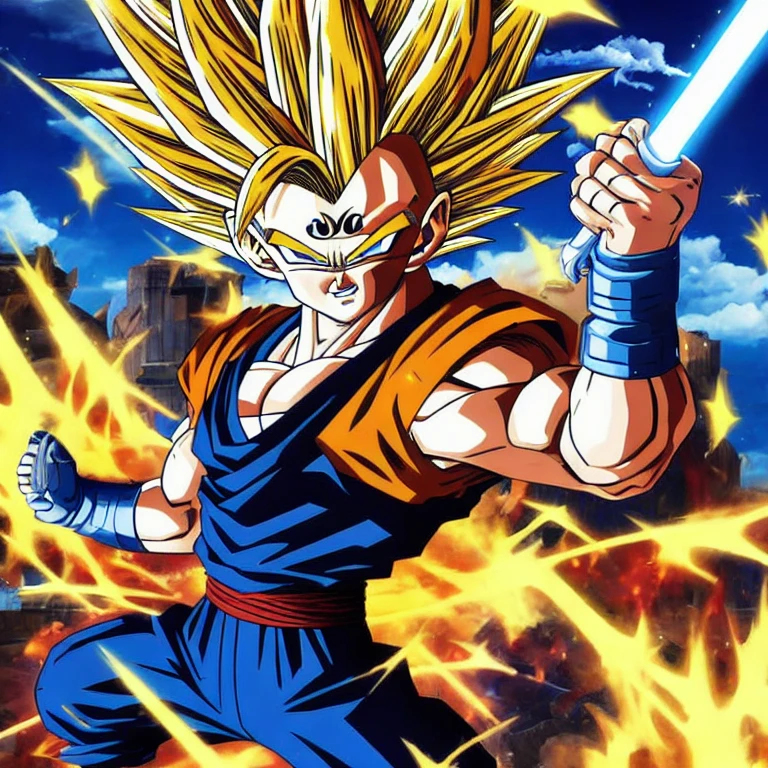 (masterpiece, best quality:1.2), son goku, solo, , a cartoon character with a sword and armor on his chest and a helmet on his head