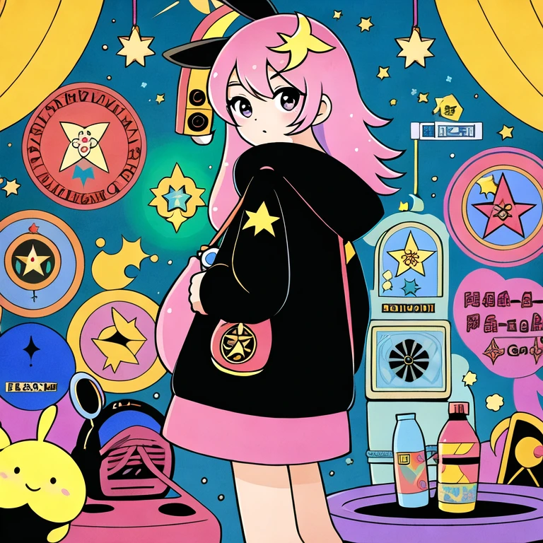 (masterpiece, best quality:1.2), MAGU,1girl, artist name, black eyes, bunny, clock, cloud, constellation, crescent, crescent moon, cross, dress, flower, from behind, handheld game console, headphones, hexagram, long hair, long sleeves, looking at viewer, moon, pentagram, pink hair, rainbow, shooting star, solo, sparkle, speaker, speech bubble, standing, star \(sky\), star \(symbol\), star hair ornament, star print, starfish, starry sky, white flower