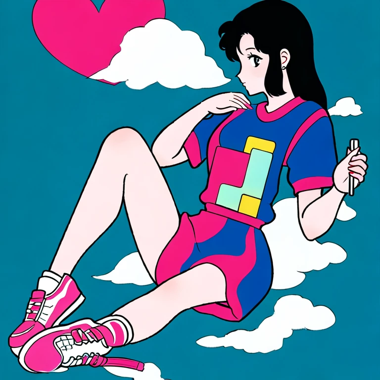 (masterpiece, best quality:1.2), SANREMO,1girl, aqua background, artist name, black eyes, black hair, blue background, blue sky, cloud, heart, limited palette, long hair, pink footwear, profile, shirt, shoes, short sleeves, simple background, sitting, sneakers, solo, white footwear