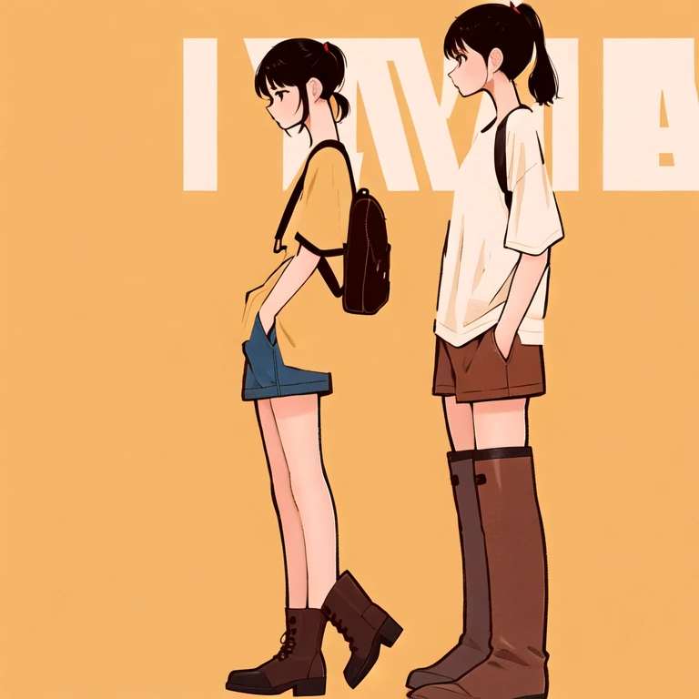 (masterpiece, best quality:1.2), SYOYO,1girl, ankle boots, bag, black hair, boots, brown footwear, brown hair, brown shorts, from side, full body, hands in pockets, ponytail, profile, shirt, short hair, short ponytail, short sleeves, shorts, shoulder bag, simple background, solo, standing
