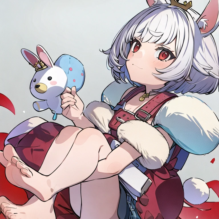 (masterpiece, best quality:1.2), sowiti,..., 1girl, animal, animal ears, bangs, barefoot, bike shorts, bunny, crown, gradient, gradient background, grey background, holding, holding stuffed toy, looking at viewer, on head, red eyes, short hair, shorts, solo, spoken ellipsis, stuffed animal, stuffed bunny, stuffed toy, teddy bear, watermark, white hair, year of the rat