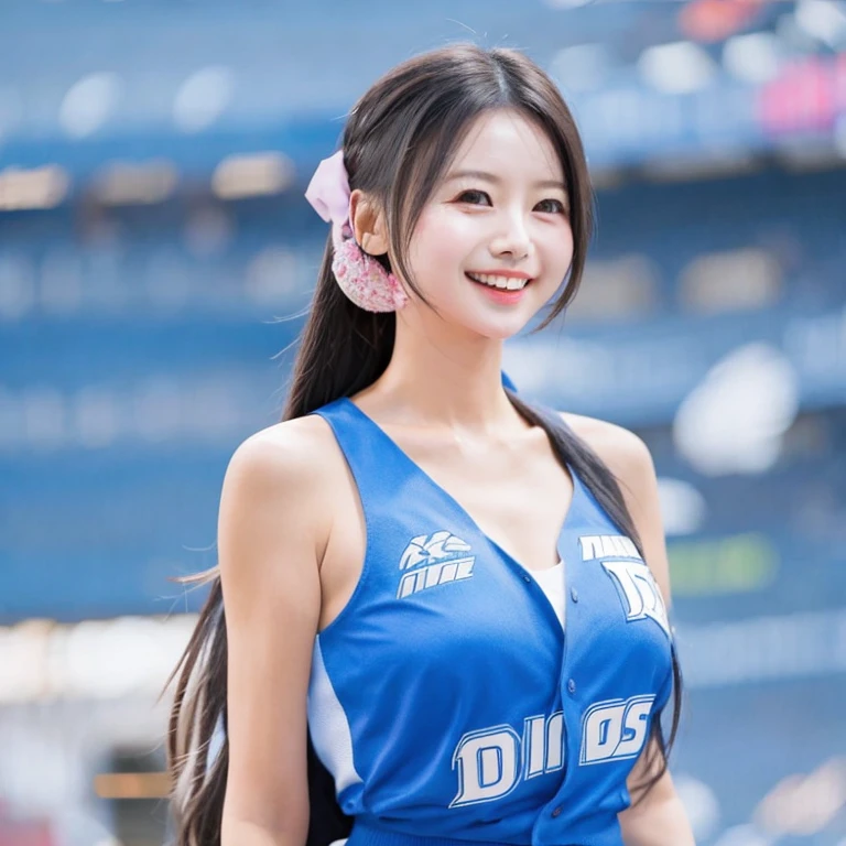 highest quality, Photoreal, finely, High resolution, 8k wallpaper, perfect dynamic composition, beautiful and detailed eyes, black hair、big and full breasts、random sexy pose、chest to chest、(Breast bulge 1.3)、laughter、(droopy eyes 1.4)、adult beauty、Japanese、look at the person taking the photo、 ((Cheerleader)), stadium