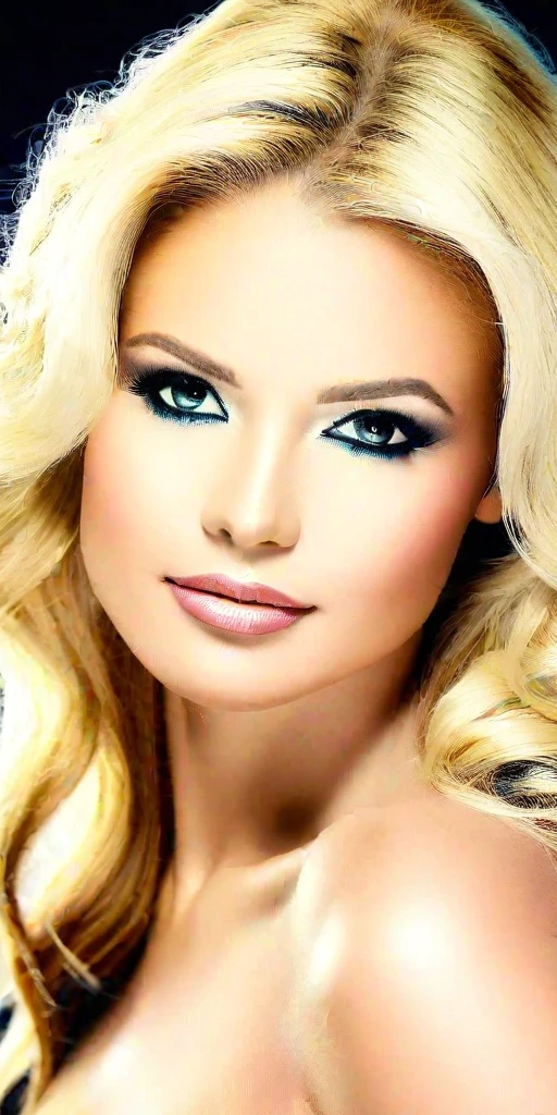 "A portrait of a young woman with long dark hair and fair skin. She has striking green eyes accentuated by dark eye makeup and eyeliner. Her lips are painted with bright red lipstick. The background is blurred, suggesting an outdoor setting with hints of green foliage. The overall look of the woman is elegant and sophisticated.",