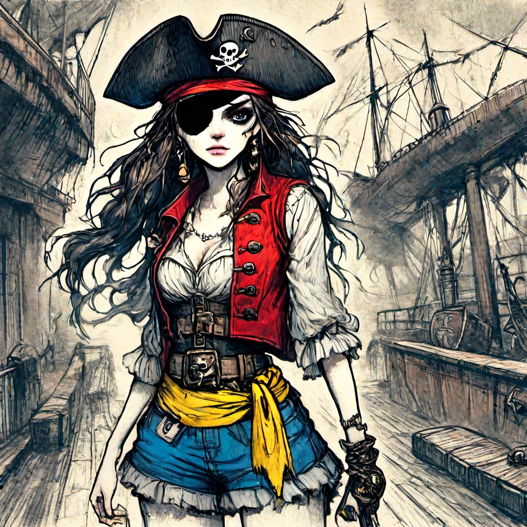 (whole body:1.3), 1girl, solo, pirate captain, wearing a straw hat, black eye patch, rich expression, gloomy, gothic, illustration, red vest, blue shorts, yellow belt, black sandals, weird, exaggerated, dark theme elements, pencil sketch, 1xehd1
