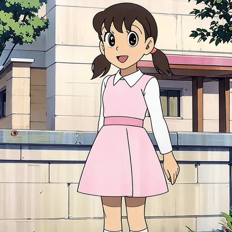 (masterpiece, best quality:1.2), 1girl, solo, very pretty and cheerful girl, with white skin and straight brown hair gathered in two low pigtails, wearing a pink dress with a matching skirt