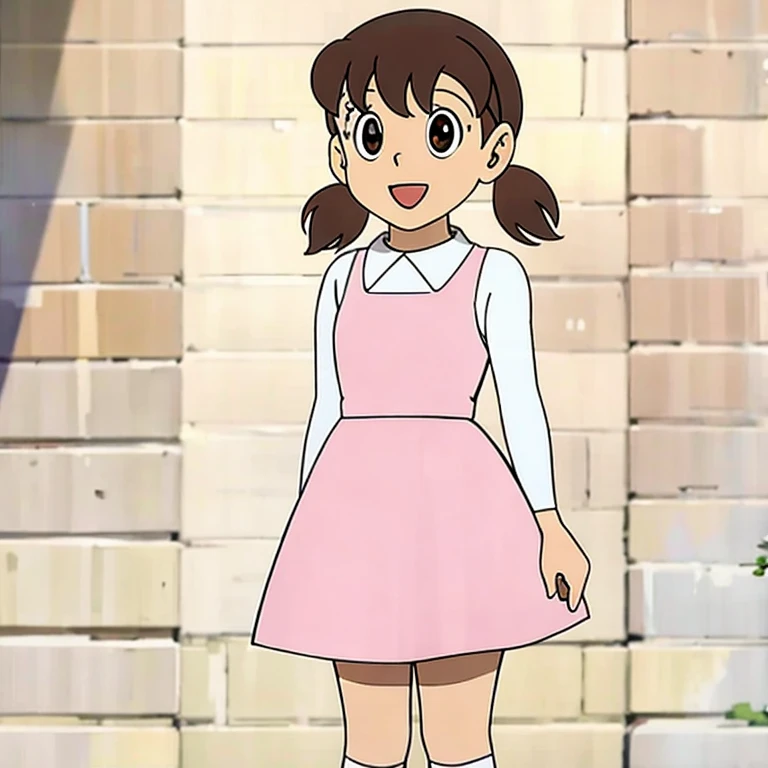 (masterpiece, best quality:1.2), 1girl, solo, very pretty and cheerful girl, with white skin and straight brown hair gathered in two low pigtails, wearing a pink dress with a matching skirt