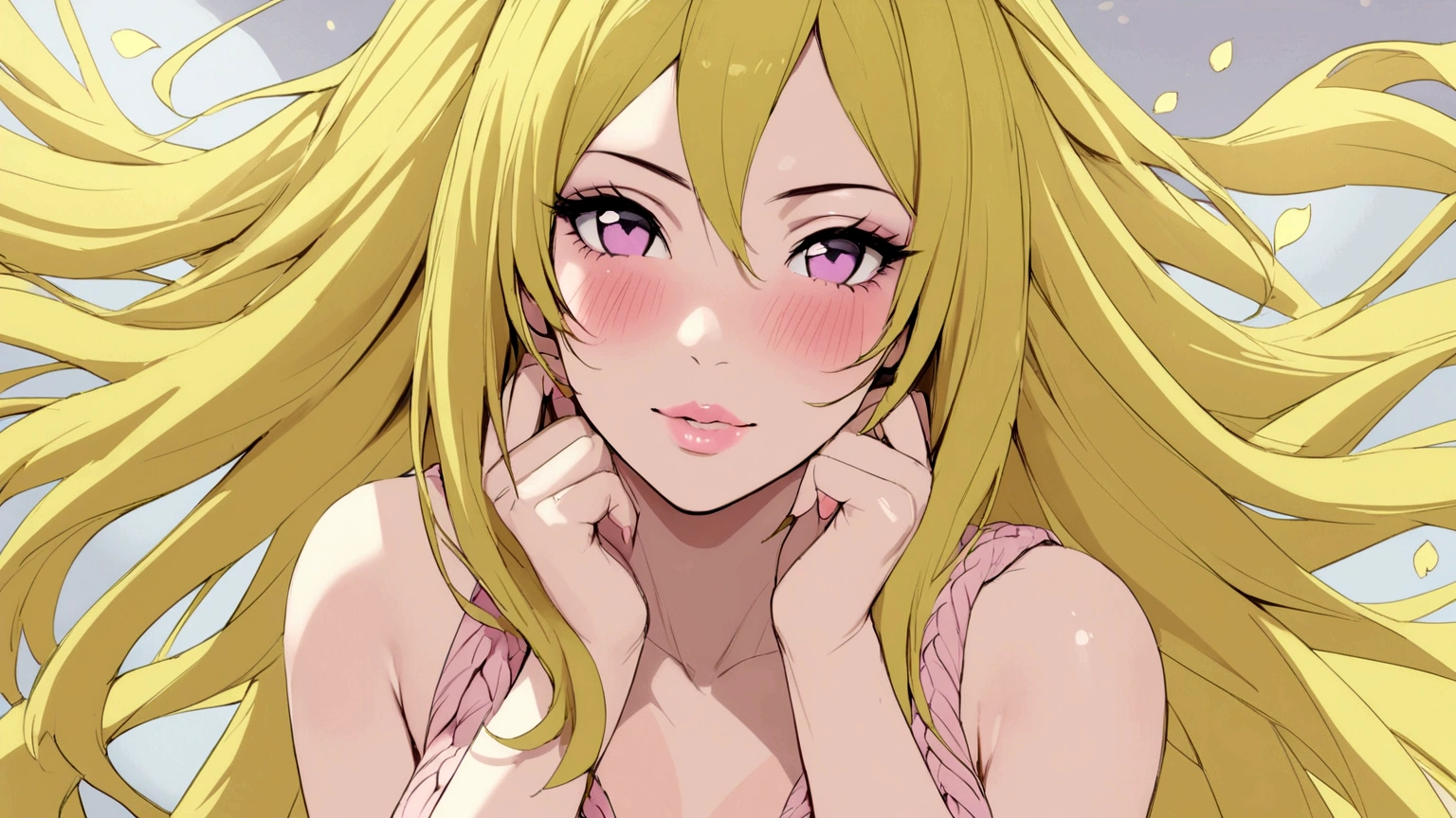 masterpiece, absurdres, hinata\(boruto\), 1girl, solo,mature female, maxi knit dress, looking at viewer, (falling petals), perfect composition, detailed lips, voluptuous, beautiful face, body propotion, blush, (pink lips), long hair, purple eyes, soft gaze, super realistic, detailed, photoshoot, realistic face and body