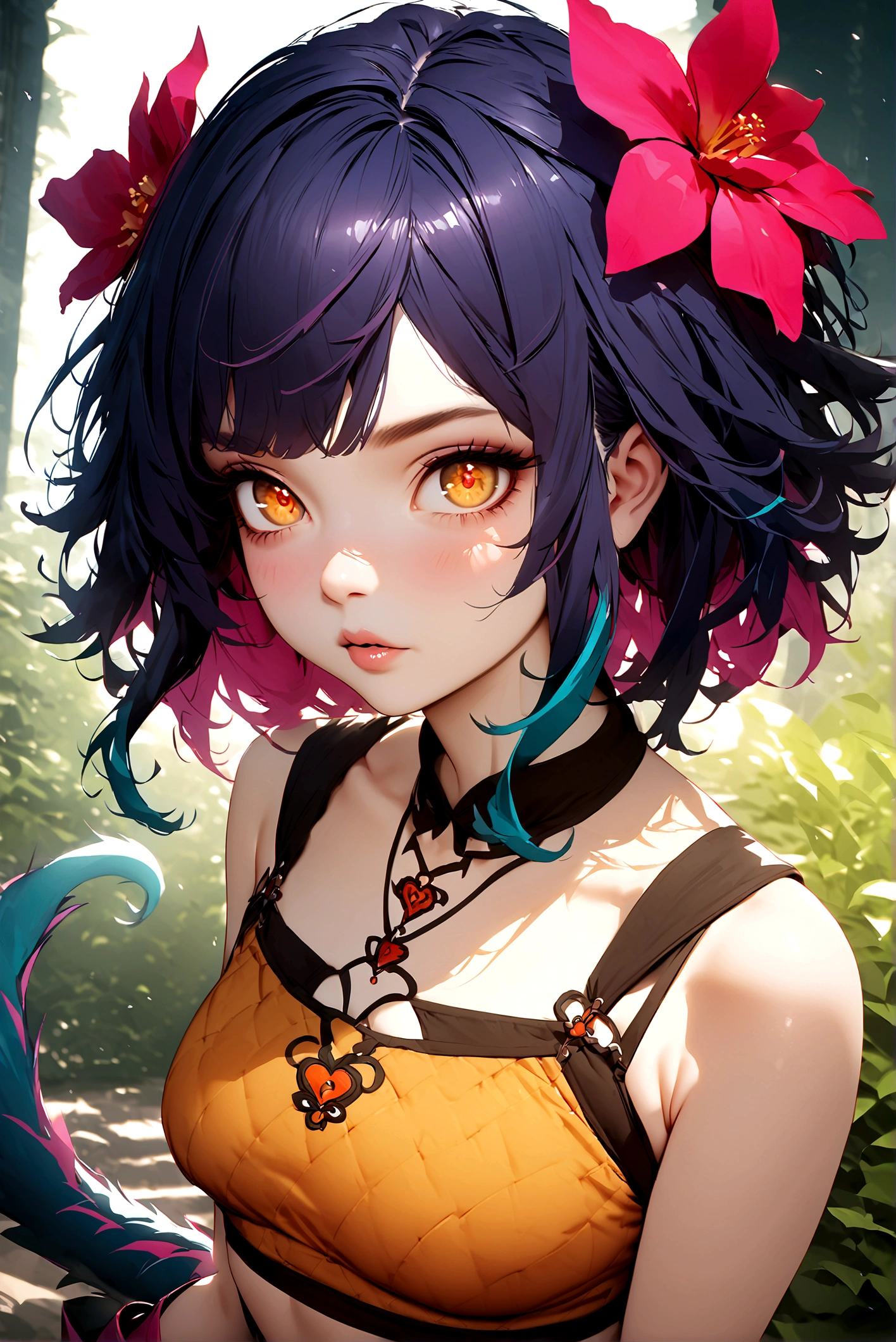 masterpiece,(best quality,top quality,8k),ultra detailed,illustration,painting,detailed eyes and face,(1girl),EPllNeeko, medium hair, multicolored hair, pink hair, purple hair, blue hair, yellow eyes, tail, hair flower, bangs, fang,(thick lips:1.1),crop top,(puffy eyes),good contrast , high sharpness,(gorgeous),realistic,RAW Photography,(hyperdetailed:1.2)