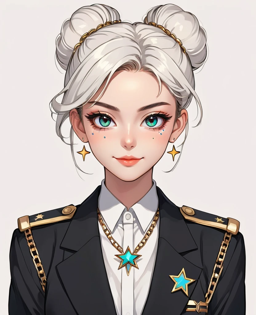 (Digital Illustration，Detailed anime style girl portrait，Solitary，symmetry)，(Big colorful eyes，Fashionable and exquisite facial features，Exquisite makeup，Sweet smile，Star symbol mark on cheek，Soulful gaze，)，(Fluffy bun，Hairpin)，(Black suit，Epaulettes-Chain，cool，)，Clean and simple white background，(((Correct human anatomy)))