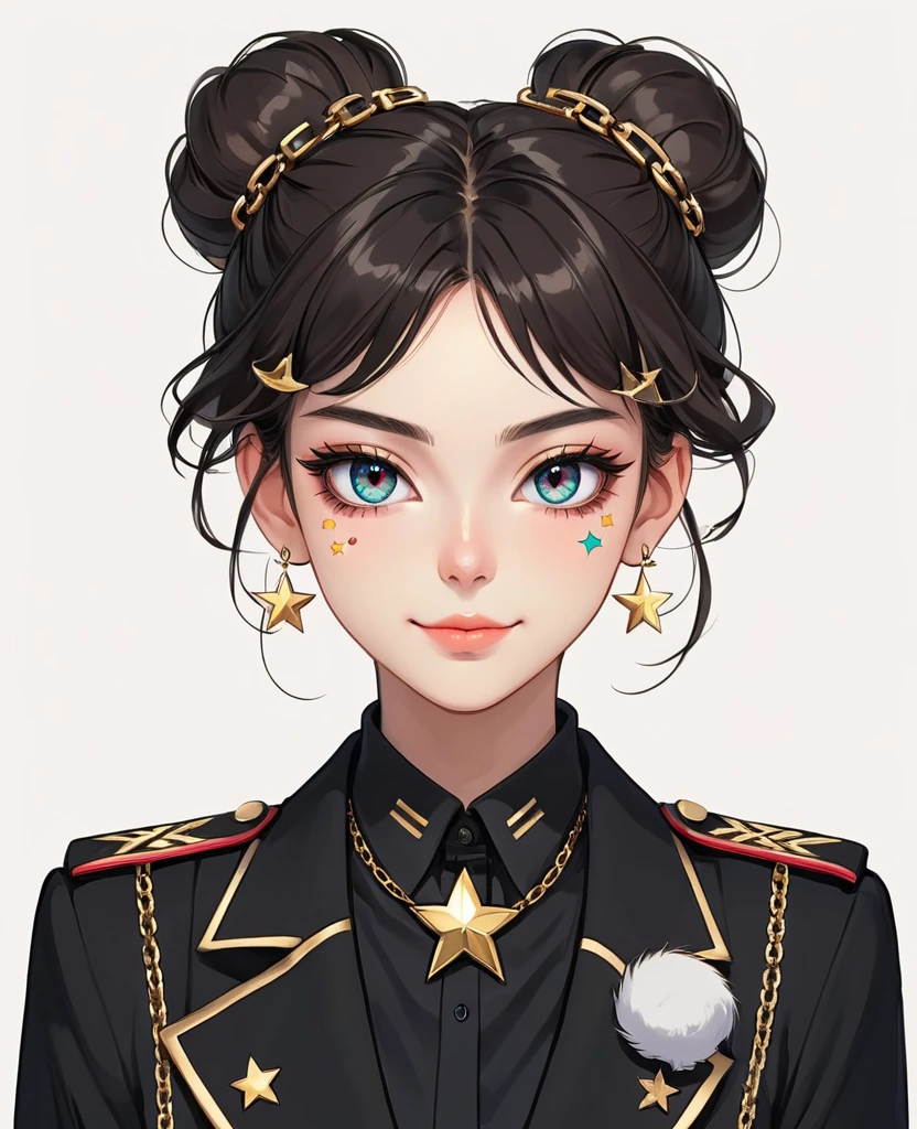 (Digital Illustration，Detailed anime style girl portrait，Solitary，symmetry)，(Big colorful eyes，Fashionable and exquisite facial features，Exquisite makeup，Sweet smile，Star symbol mark on cheek，Soulful gaze，)，(Fluffy bun，Hairpin)，(Black suit，Epaulettes-Chain，cool，)，Clean and simple white background，(((Correct human anatomy)))