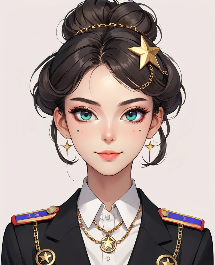 (Digital Illustration,Detailed anime style girl portrait,Solitary,symmetry),(Big colorful eyes,Fashionable and exquisite facial features,Exquisite makeup,Sweet smile,Star symbol mark on cheek,Soulful gaze,),(Fluffy bun,Hairpin),(Black suit,Epaulettes-Chain,cool,),Clean and simple white background,(((Correct human anatomy)))