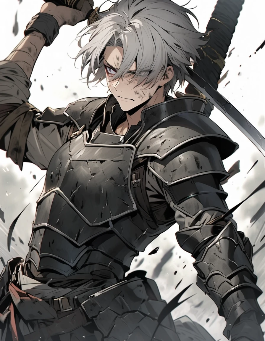 Man with long grey hair　28 years old　Holding a Japanese sword　Black armor is dirty and cracked　