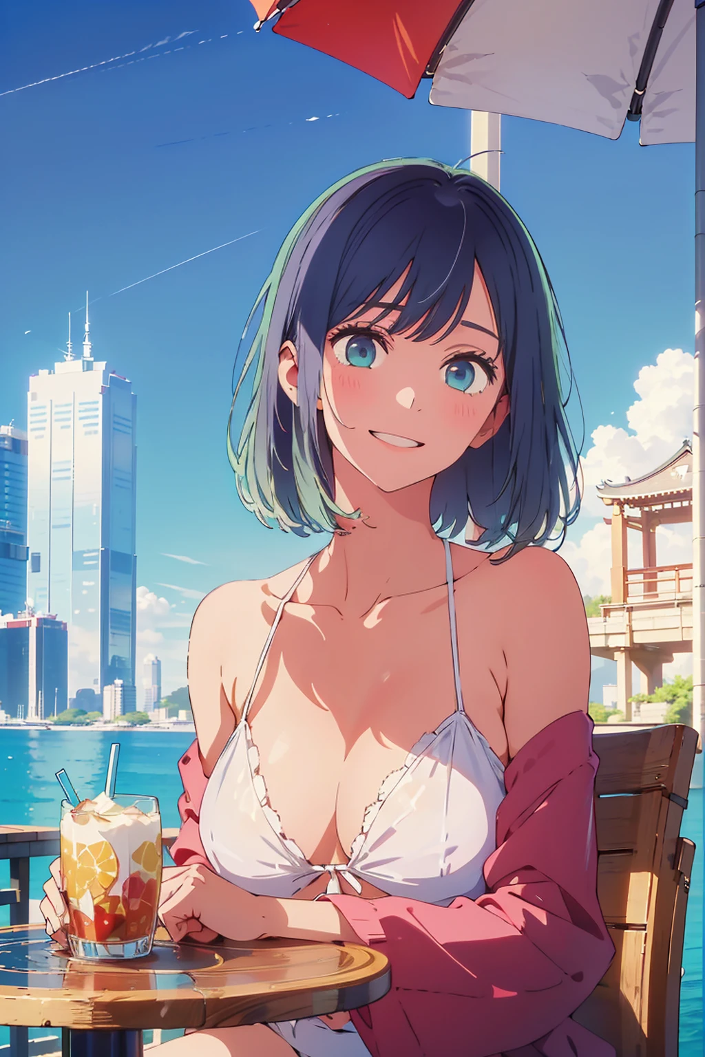 Highest quality,8k,detailed,F cup bust、Big Breasts、Very cute face、Slim and beautiful arms、Slim body、Very white beautiful skin、((((1 person、looking at the camera、smile、Thin white bikini、smile、sit、In the background are the skyscrapers of Tokyo city、Outdoor café terrace、Drink juice、Cheek resting on hand、coastal、table、Shooting from a distance))))、I can see the deep blue sky、She tilted her head slightly、The atmosphere is bright and lively、The woman is at the center of the image。