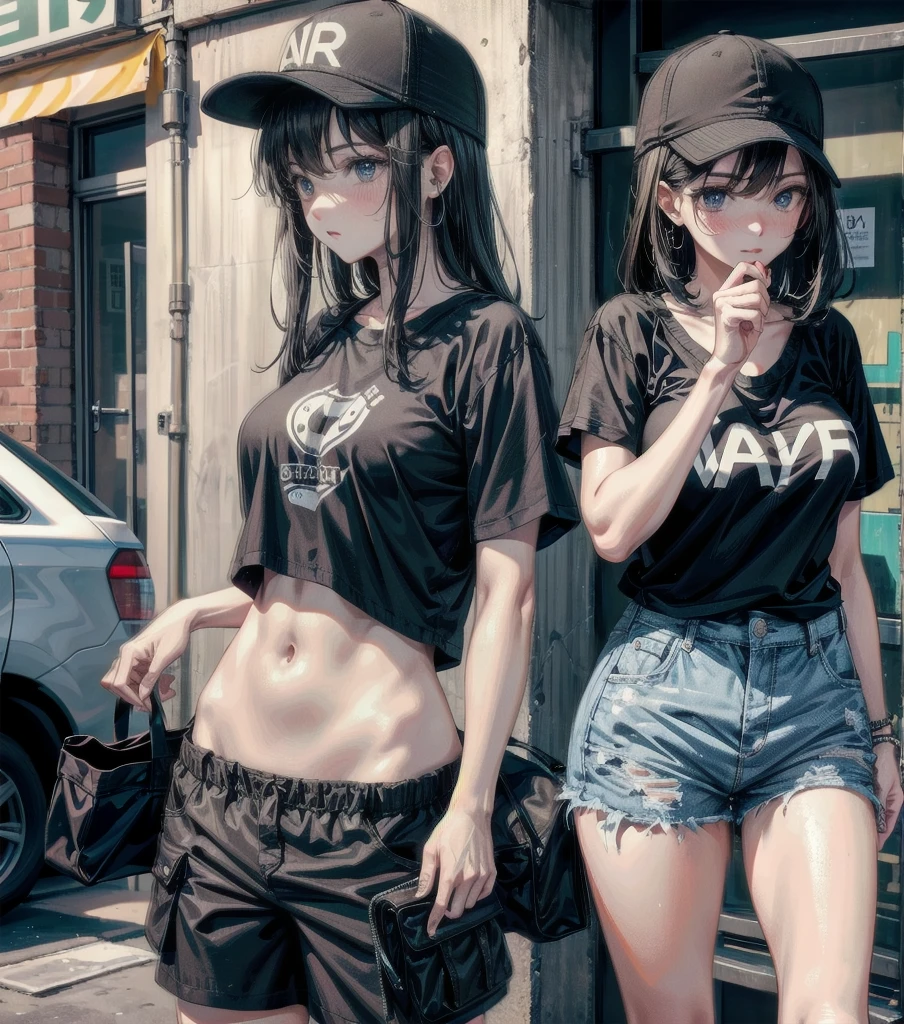whole body, girl, big tits, medium hair, black hair, tearful mole, earring, baseball cap, black T-shirt, cargo shorts,