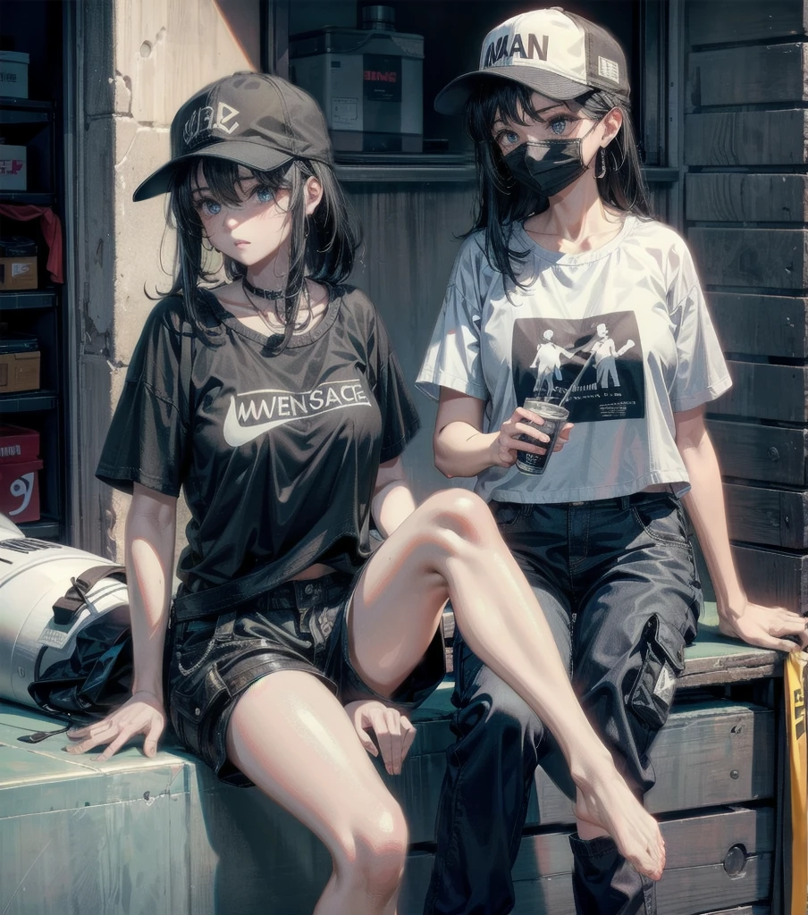whole body, girl, big tits, medium hair, black hair, tearful mole, earring, baseball cap, black T-shirt, cargo shorts,
