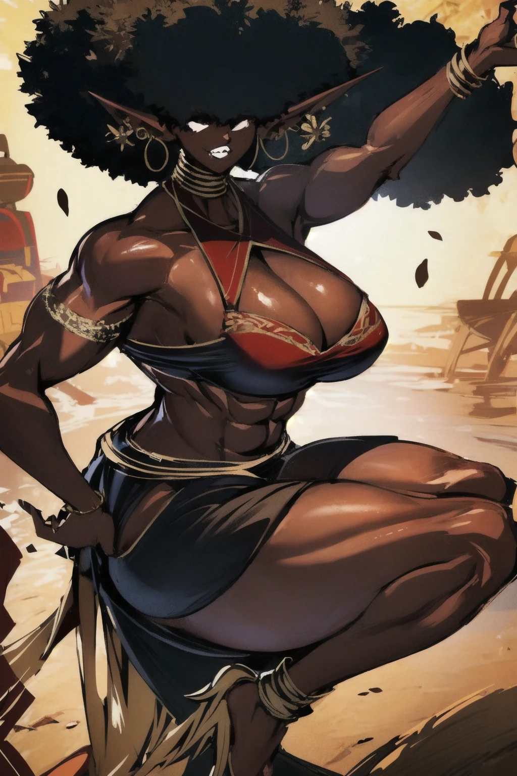 (masterpiece, best quality:1.2),1 girl, voluptuous body, full body, masterpiece, dominant pose, good anatomy, no extra limbs, big ass, thick thighs, black hair, voluminous afro, pointy ears, gold earrings, black top with red details, black skirt with red details, gold necklaces