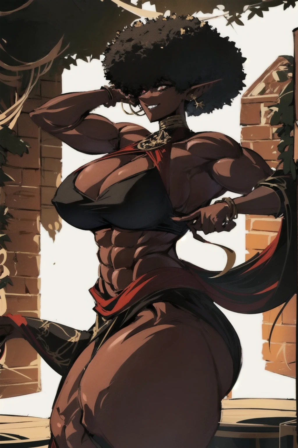 (masterpiece, best quality:1.2),1 girl, voluptuous body, full body, masterpiece, dominant pose, good anatomy, no extra limbs, big ass, thick thighs, black hair, voluminous afro, pointy ears, gold earrings, black top with red details, black skirt with red details, gold necklaces