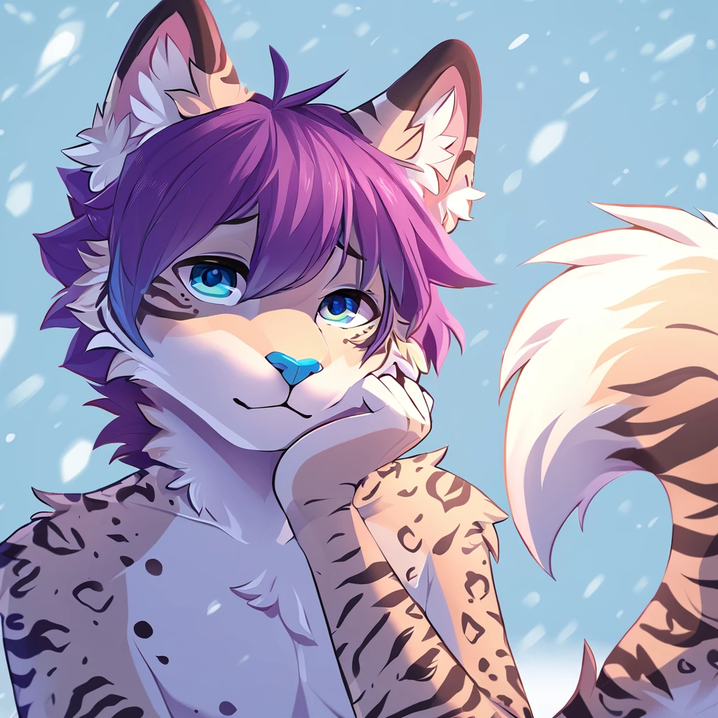feline, mammal, anthro, anthromorphic, snow, leopard, striped_feline, fur, furred_anthro, male, bangs, ear_tufts, blue_nose, paws, hair_tuft, hair_between_eyes, long_tail, fluffy, feline_ears, expressive_eyes, purple_hair, light looking_at_viewer, blue_fur, shy, small_pupils, spotted_pattern, stripes, tiger_stripes, digital_art, high_resolution, high_res, tealblue_background