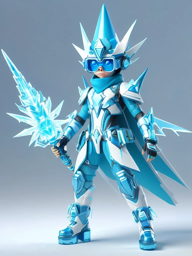 1boy, solo, ice energy, element of ice, wearing a pointy light blue headdress, large triangular glasses, light blue highlights, wearing a bright white and light blue triangle outfit, high-heeled boots, holding an ice weapon, best quality, original, full body, cartoon style, 3d character rendering, created with C4D and Blender, accurate, blind box toy style, super detailed, anatomically correct, masterpiece