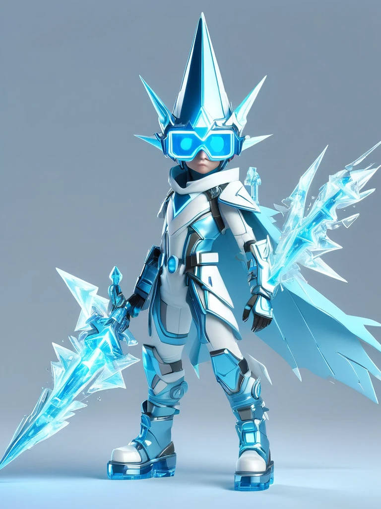 1boy, solo, ice energy, element of ice, wearing a pointy light blue headdress, large triangular glasses, light blue highlights, wearing a bright white and light blue triangle outfit, high-heeled boots, holding an ice weapon, best quality, original, full body, cartoon style, 3d character rendering, created with C4D and Blender, accurate, blind box toy style, super detailed, anatomically correct, masterpiece