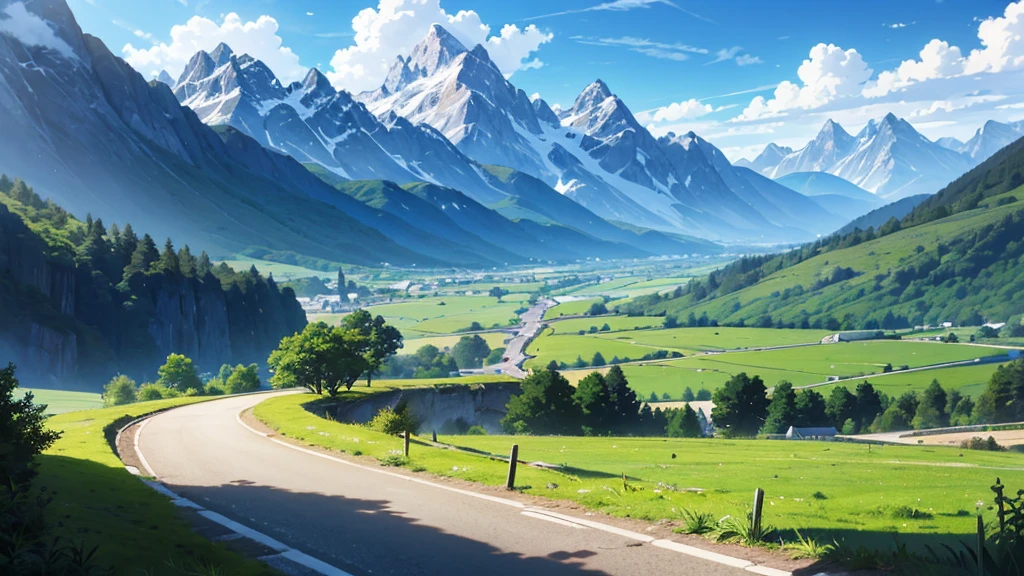 A Anime landscape of a mountain landscape with a road going through it landscape, anime style, countryside, with mountains and clouds in the background.