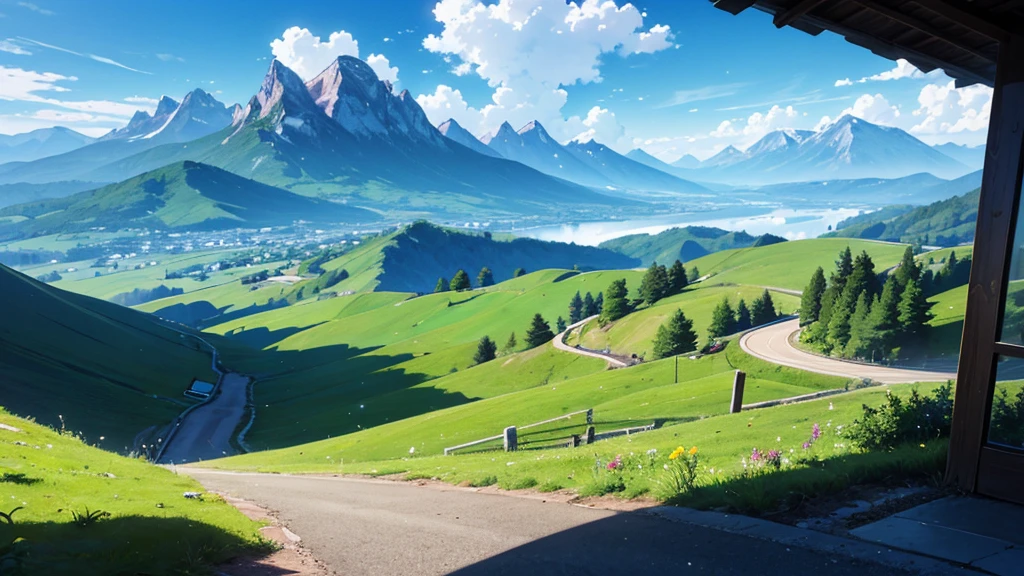 A Anime landscape of a mountain landscape with a road going through it landscape, anime style, countryside, with mountains and clouds in the background.