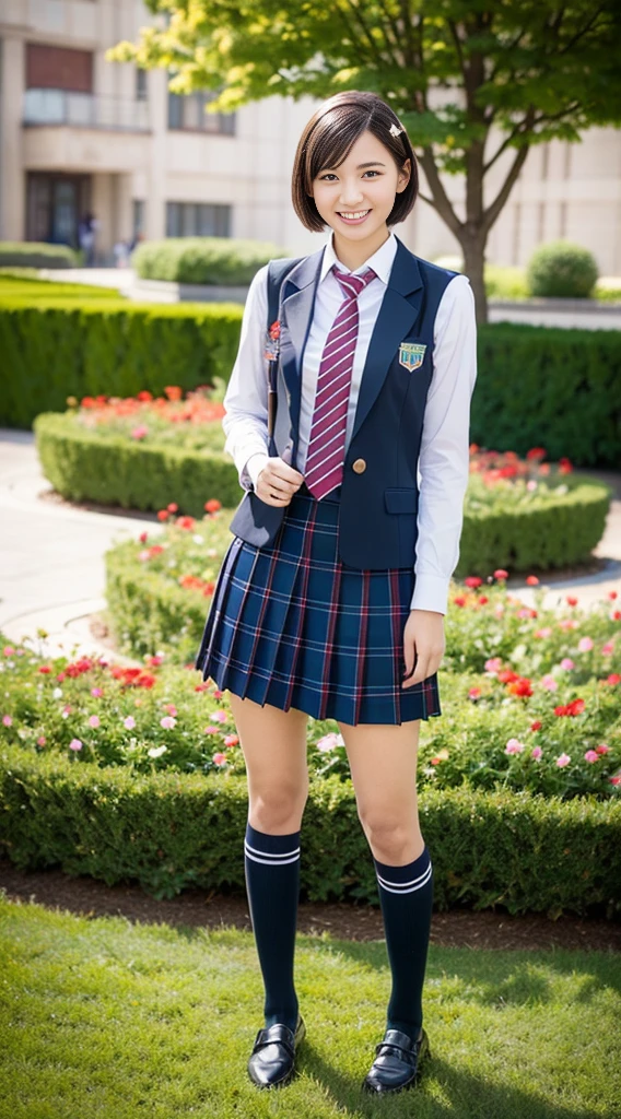 (((Full Body Lesbian)))、((Girls' High School Uniforms))、((1people))、short hair、Close to the topic、((School flower beds)))、(((smile)))、(((Girls' High School)))、((Beautiful girl))、((Sexy pose))、Photorealistic、Beautiful attention to detail、Hyperrealism、High Contrast、Ultra HD、Realistic skin texture、Best image quality、Highest quality、Ultra-high resolution、Fine details、With great care