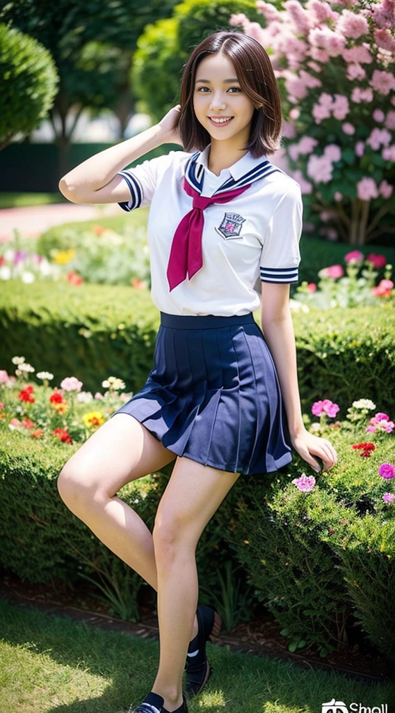 (((Full Body Lesbian)))、((Girls' High School Uniforms))、((1people))、short hair、Close to the topic、((School flower beds)))、(((smile)))、(((Girls' High School)))、((Beautiful girl))、((Sexy pose))、Photorealistic、Beautiful attention to detail、Hyperrealism、High Contrast、Ultra HD、Realistic skin texture、Best image quality、Highest quality、Ultra-high resolution、Fine details、With great care