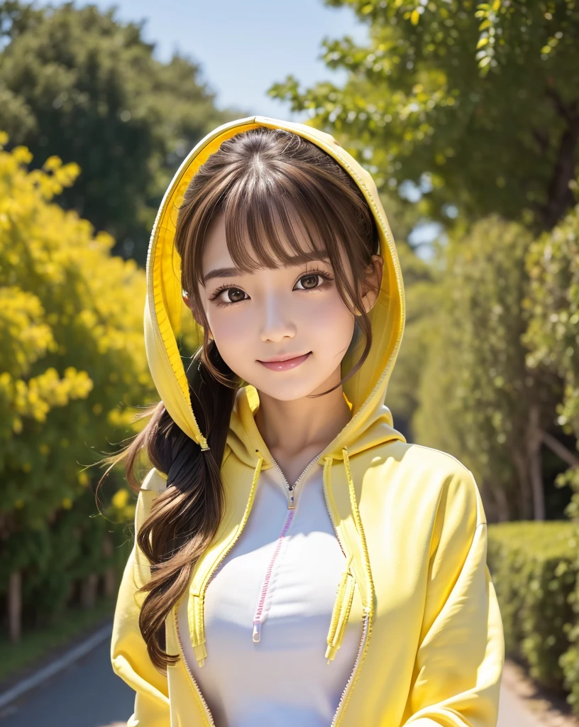 (Highest quality, 32k, High resolution, Masterpiece:1.5, ), marimo_jet, god々A photograph with brilliant dazzling and healing power., Evoking a sense of calm and elusive beauty, Expressing emotions, Have a rich imagination, A narrow rural road stretching to the horizon, Nostalgic scenery of youth, Beautiful Japanese Girls, An exceptionally beautiful face, Small Face Beauty, Perfect Human Anatomy, Magical big eyes, Motherhood and generosity, Deep Love, fleeting smile, ((Shiny brown hair:1.1)), ((A beautiful ponytail swaying in the wind)), Asymmetrical bangs, Hair between the eyes, Transparent, soft white skin, Sharp eyebrows, Thin lashes, Natural Makeup, Cheek highlighter, Pale pink detailed lips, ((Yellow Zip Hoodie:1.3)), Slim figure with ample breasts, High resolutionの美しい太もも, Beautifully detailed skies, Professional Lighting, Professional photographer, Professional models, god秘的